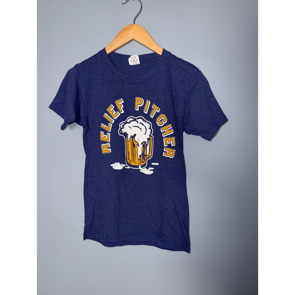 Charlie Hustle Relief Pitcher Beer Graphic T-Shirt Heather Blue‎ Mens XS USA